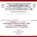 Anti Ragging Awareness Week Quiz Contest Certificate.