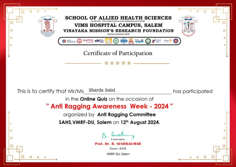 Quiz Anti Ragging Awareness Week with Certificate