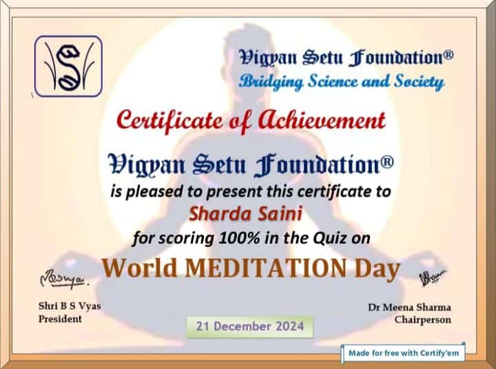 World Meditation Day 2024 Quiz Certificate